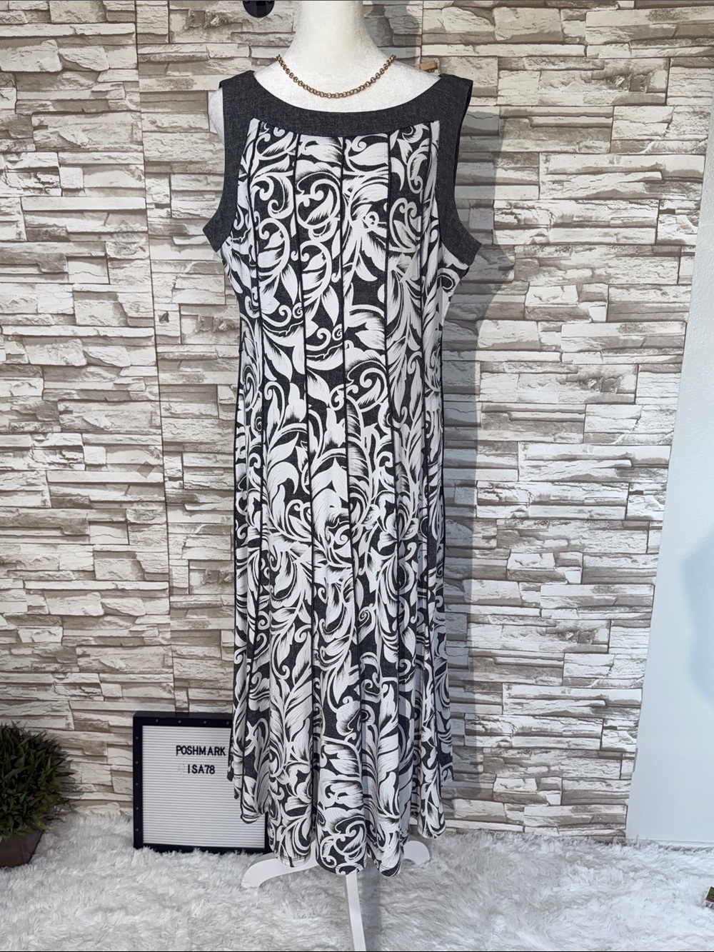 PERCEPTIONS New York L Sleeveless Scroll Print Maxi Dress